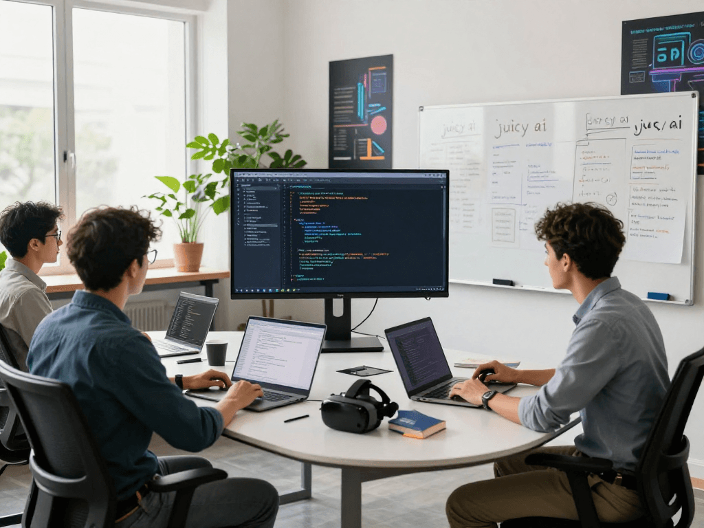 Developers collaborating on juicy ai tools in a vibrant workspace.