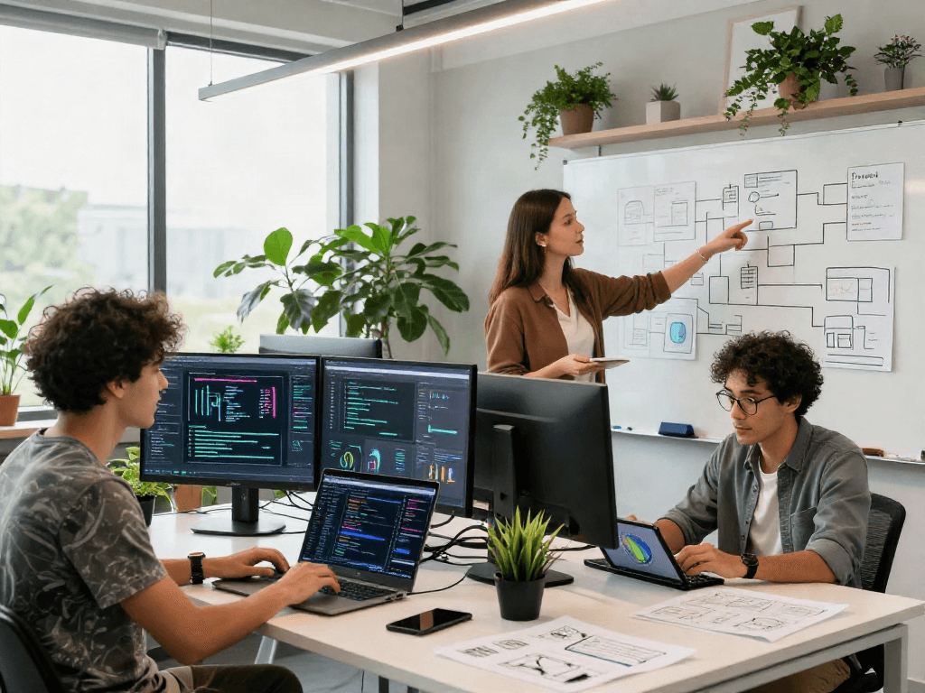 Collaboration in a tech workspace featuring juicy ai development and innovative project planning with diverse professionals.