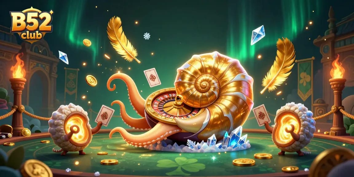 Experience thrilling games at B52 club with a dynamic scene of a giant nautilus, roulette wheel, and glowing ammonites.