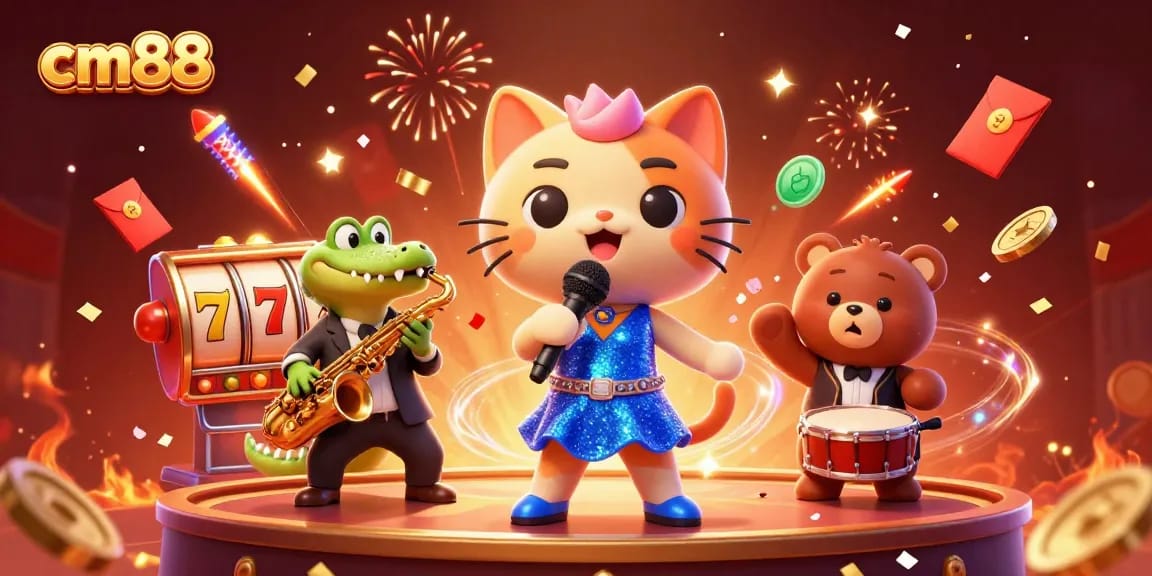 Engage with cm88 and win big while enjoying a vibrantly illustrated casino scene with animated characters.