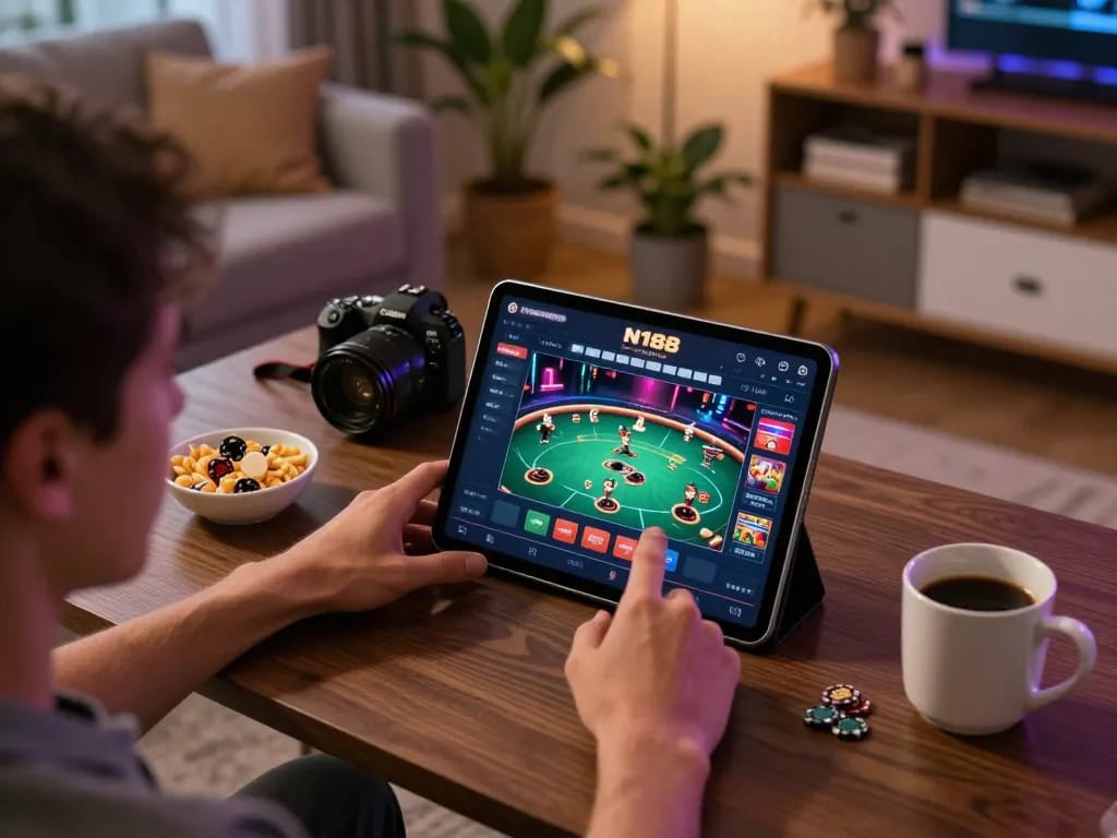 Engaging at N188 trang chủ on a tablet, showcasing a vibrant home gaming setup for online poker.
