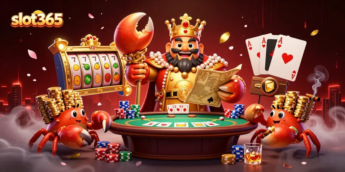 Experience thrilling gameplay at slot365 with a captivating scene of a golden crab emperor, vibrant slots, and poker elements.