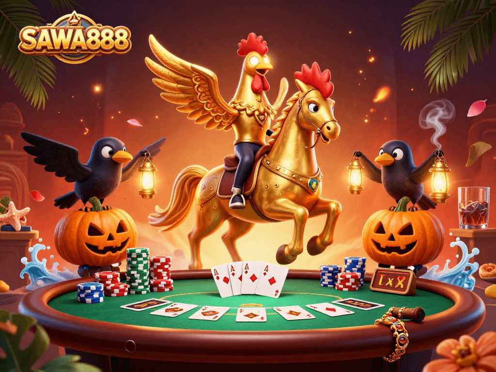 SAWA888 showcases a golden rooster leading a vibrant casino scene with poker elements.