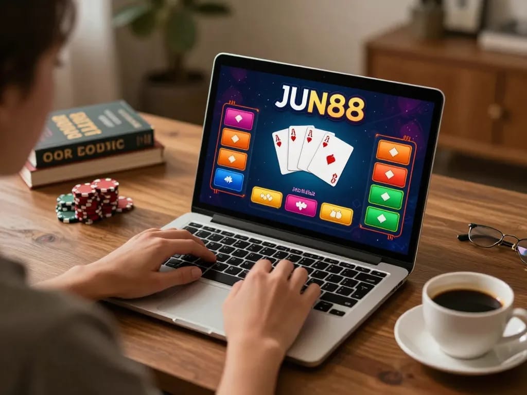 Player enjoying an engaging jun88 casino game on laptop at home, showcasing a cozy online gambling atmosphere.