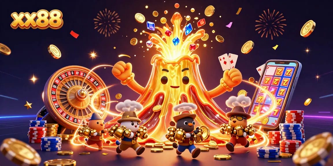 Win big at xx88 with exciting casino games like slots and poker amidst epic gold eruptions.