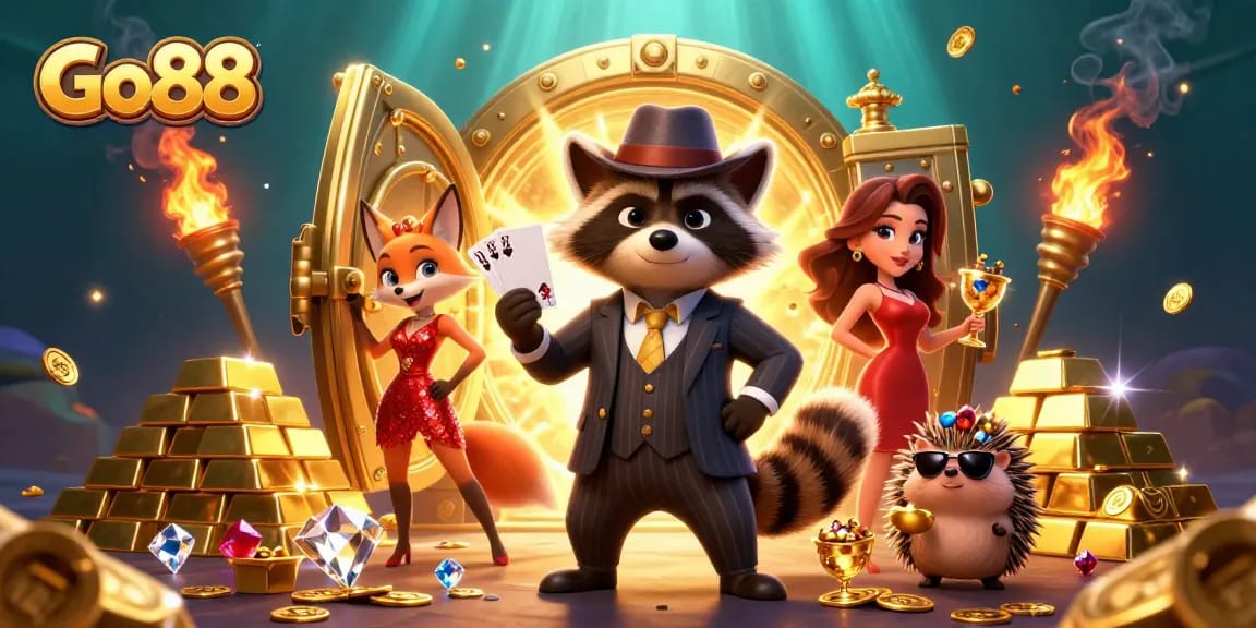 Experience thrilling wins at Go88 with a raccoon holding a royal flush, surrounded by treasures and vibrant gaming elements.