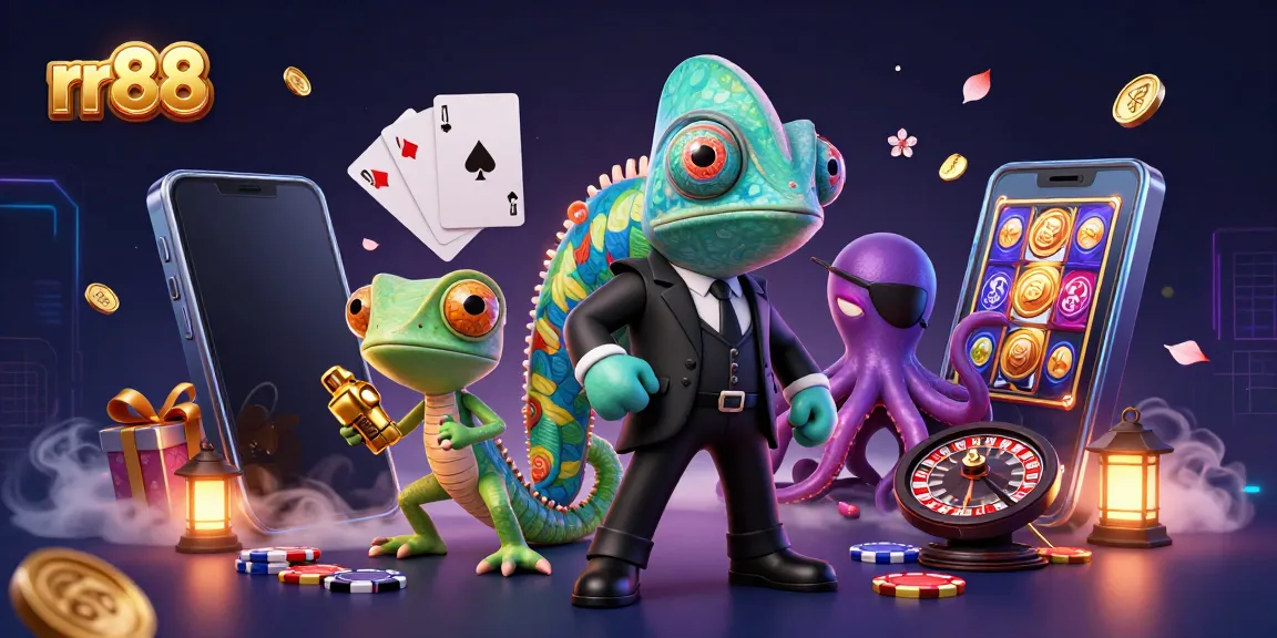 Engage in casino excitement with rr88, featuring a vibrant 3D illustration highlighting slots, cards, and game characters.