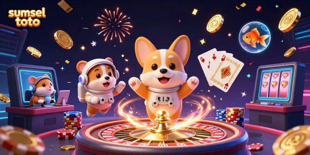 Engage with sumsel toto in this vibrant 3D illustration featuring a casino scene with floating poker chips and coins.