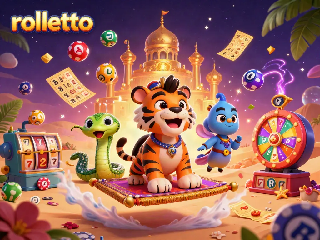 Experience rolletto magic with a vibrant casino scene featuring Arabian Nights themes, slot reels, and colorful lottery elements.