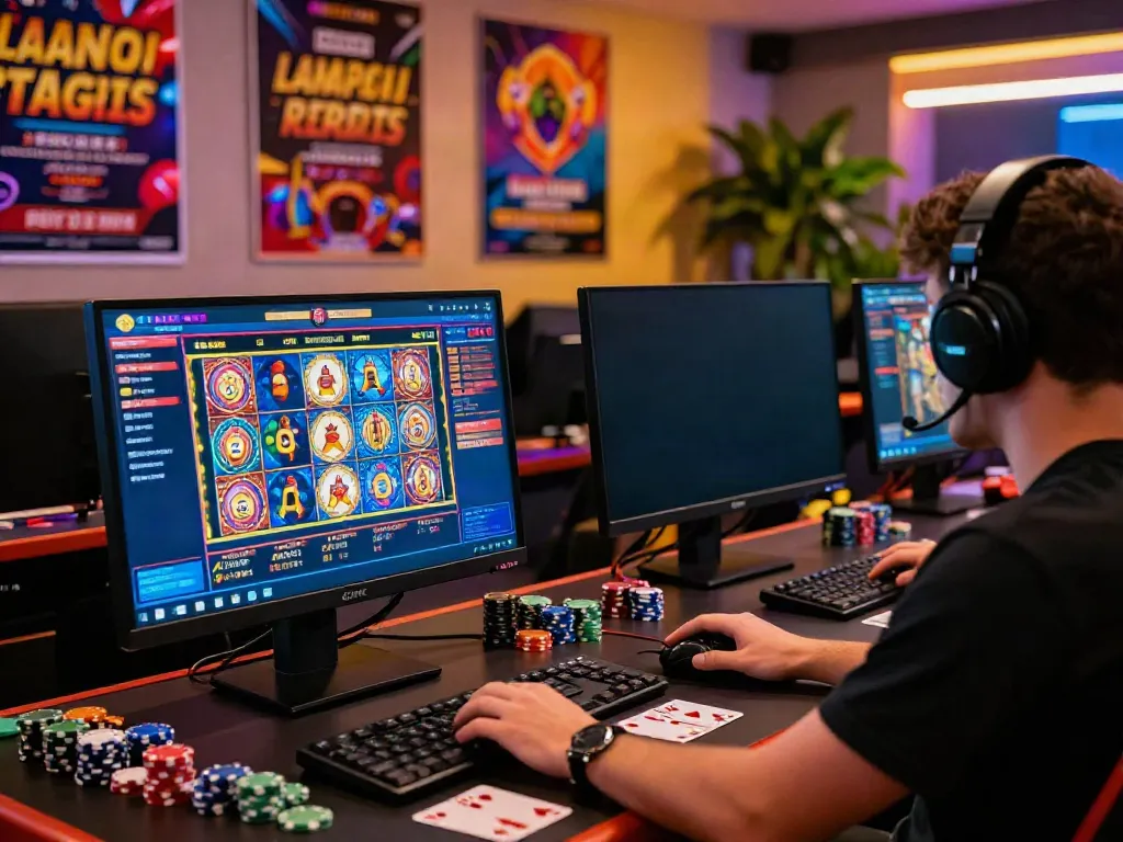 Exciting scene of a player engaging with online credit card casinos UK, showcasing vibrant gaming atmosphere.