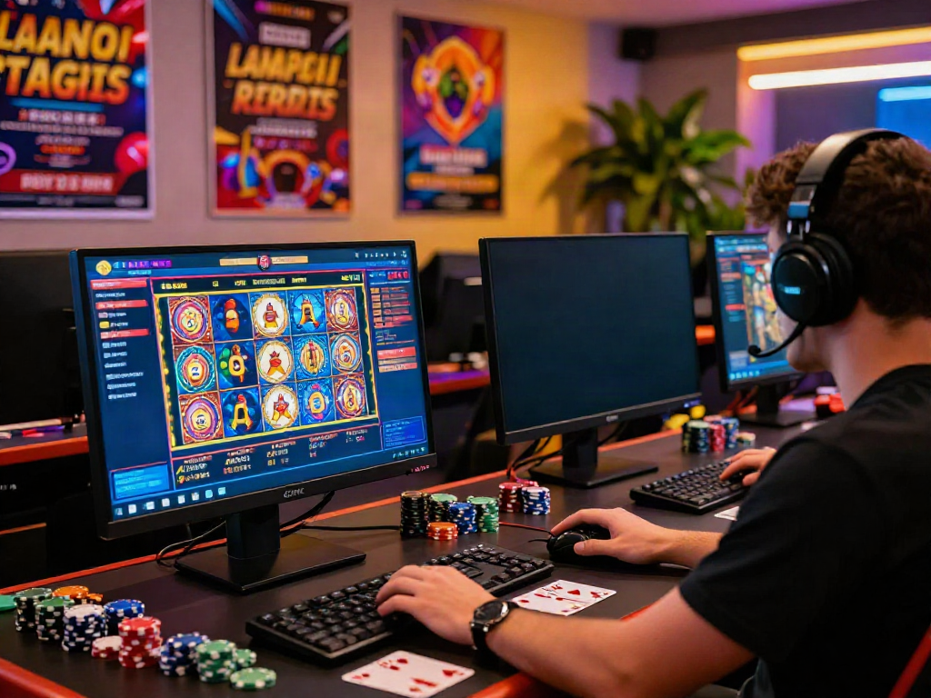 Exciting scene of a player engaging with online credit card casinos UK, showcasing vibrant gaming atmosphere.