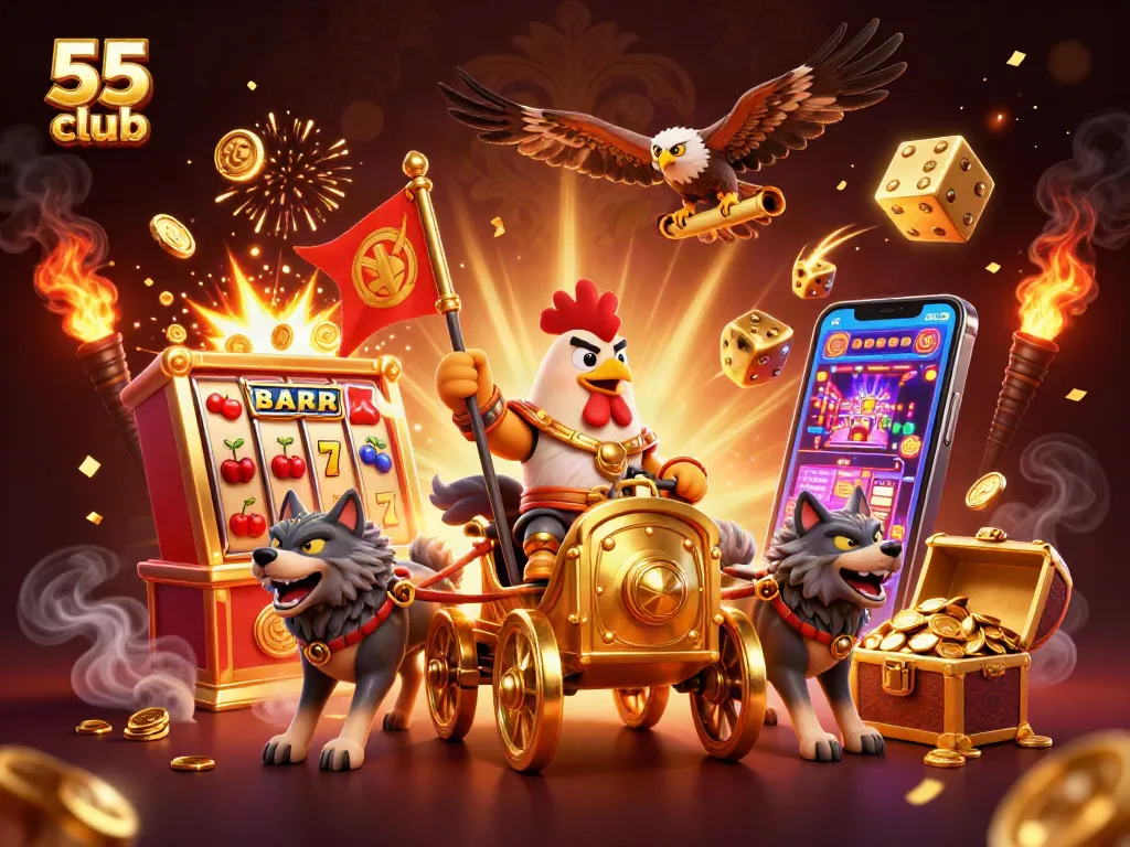 Experience the excitement of 55 club with a dynamic 3D casino scene featuring thrilling games and rewards.