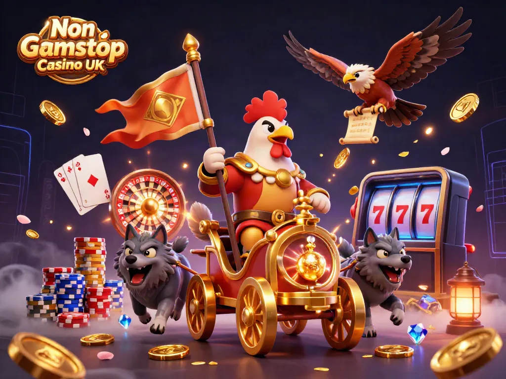 Win big at Non Gamstop Casino UK with a dynamic 3D illustration featuring a rooster warlord and gaming elements.