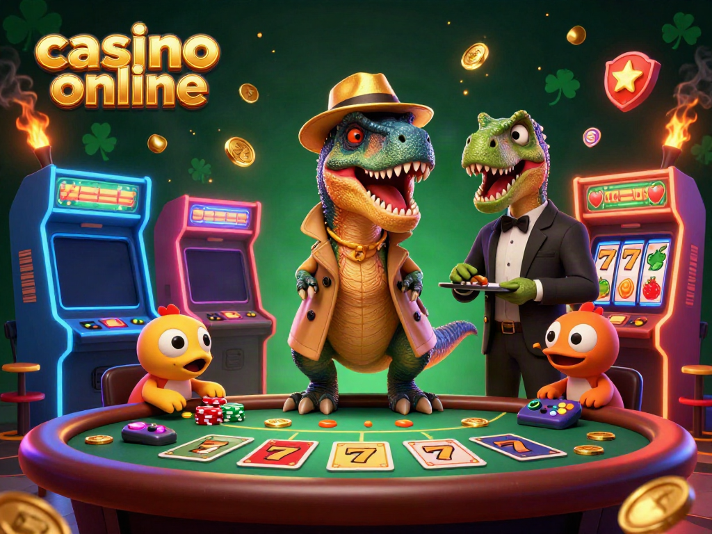 Experience a thrilling casino online scene with cartoon dinosaurs engaged in a high-stakes game.