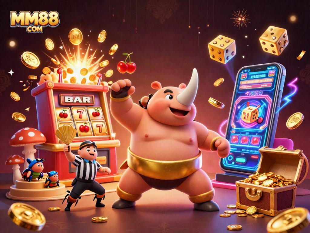 Experience exhilarating gameplay at MM88 COM with a vibrant illustration of a sumo champion beetle in a casino setting.