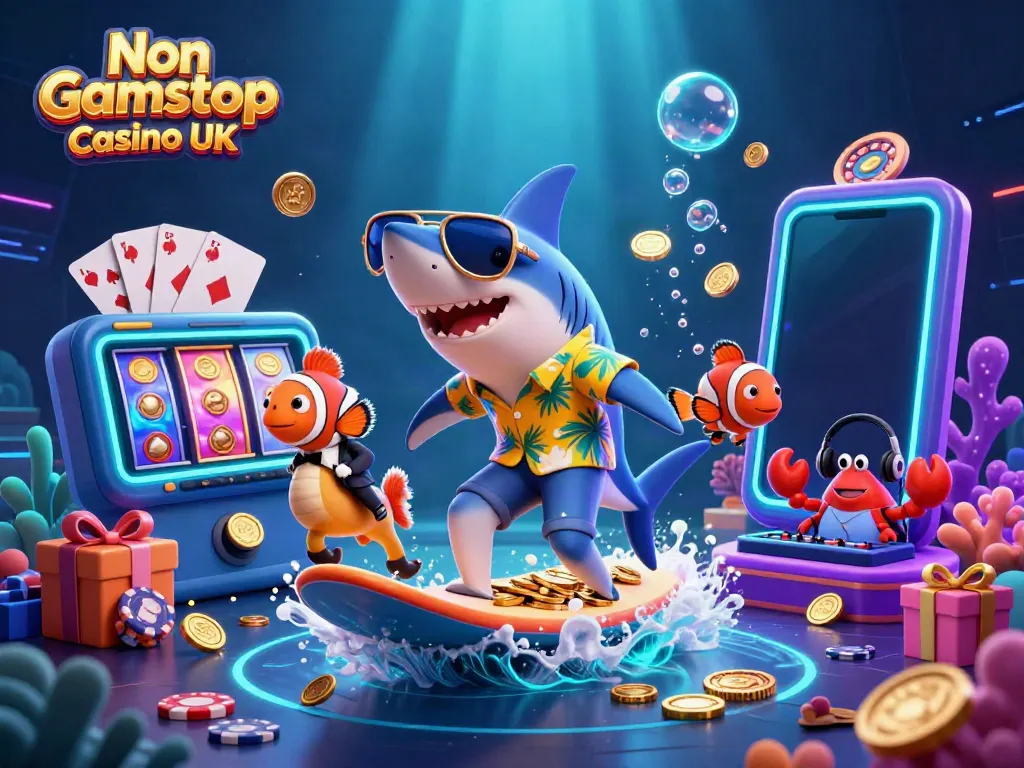 Experience the thrill at Non Gamstop Casino UK with vibrant 3D characters and casino elements.