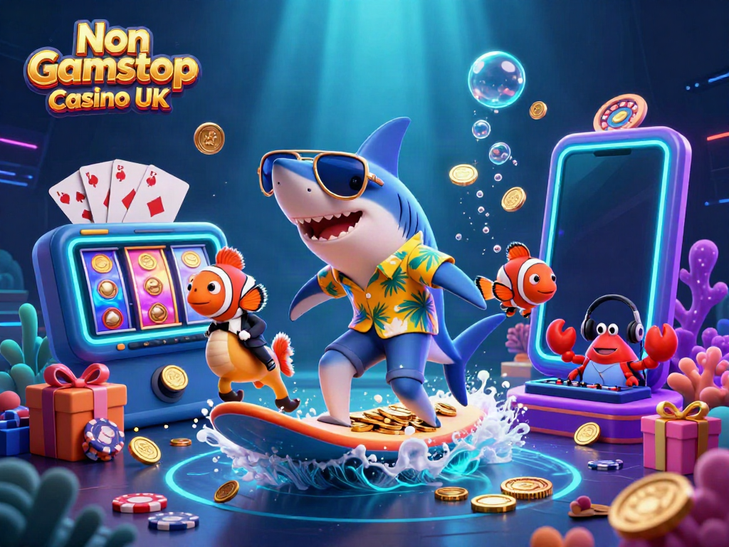 Experience the thrill at Non Gamstop Casino UK with vibrant 3D characters and casino elements.