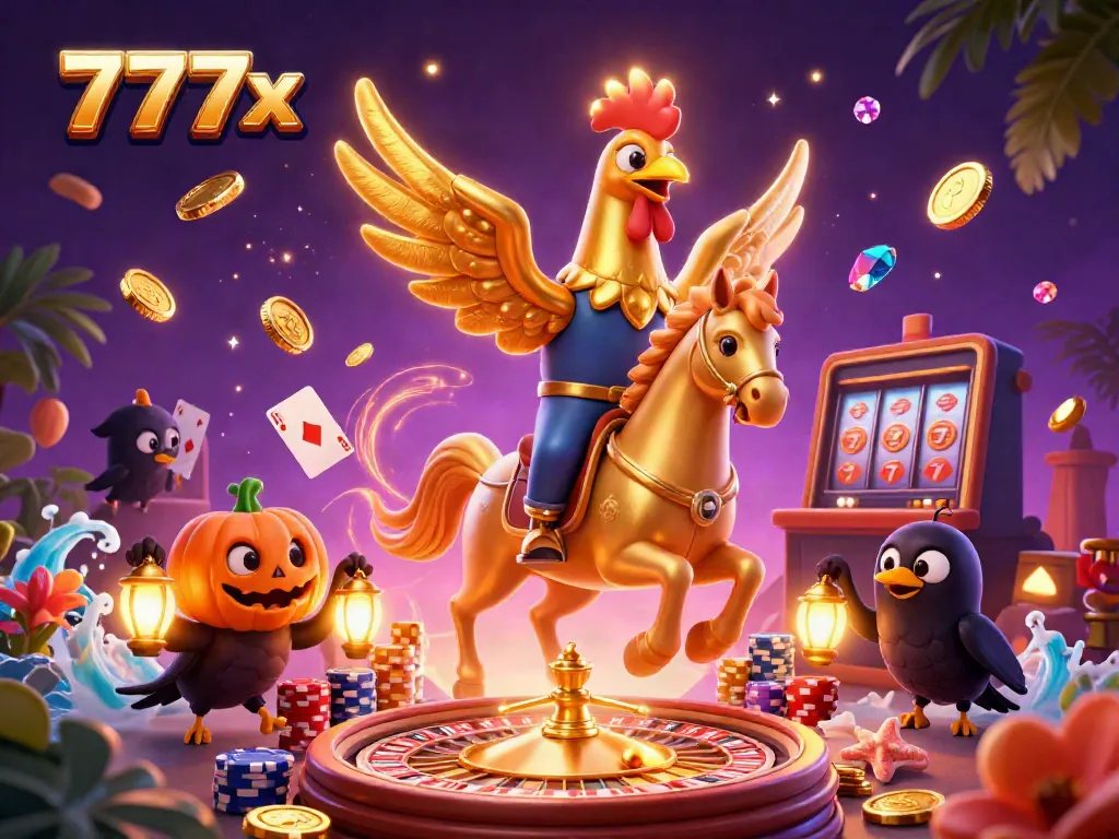 Engaging 777x casino illustration showcasing the golden rooster character in a vibrant casino setting.