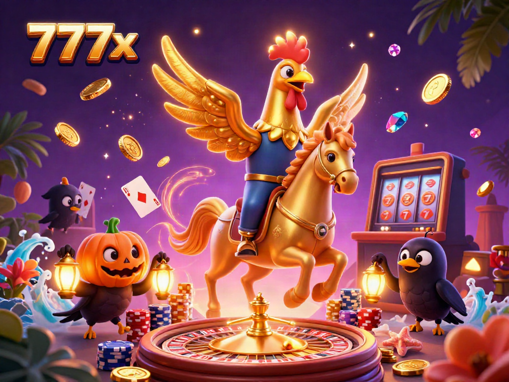 Engaging 777x casino illustration showcasing the golden rooster character in a vibrant casino setting.