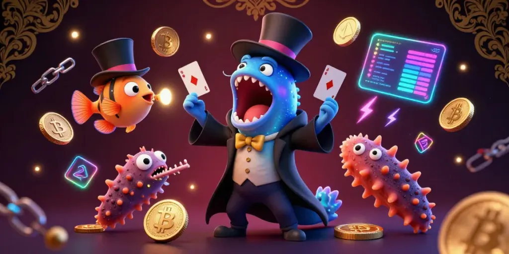 Experience V79 with a magical gambling scene featuring a deep-sea eel performing card tricks and glowing coins.