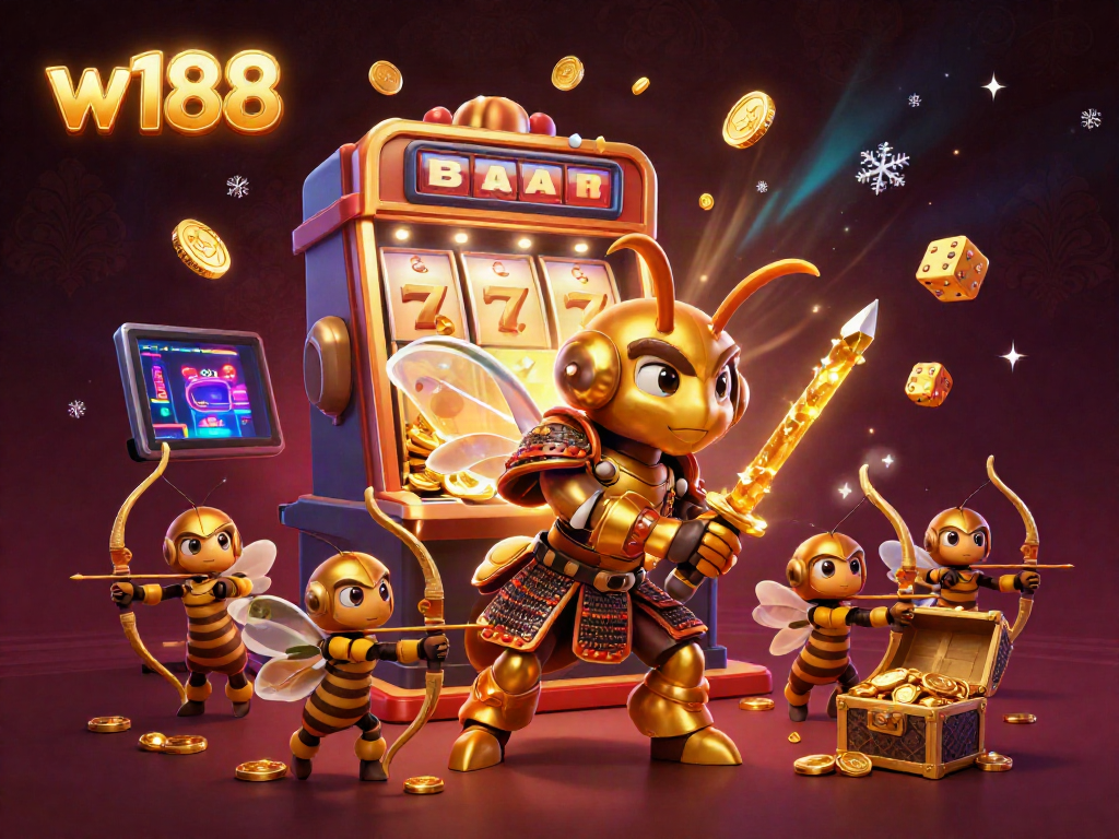 Experience the w188 online casino excitement with a golden hornet samurai in a vibrant 3D scene featuring slot machines and gaming elements.