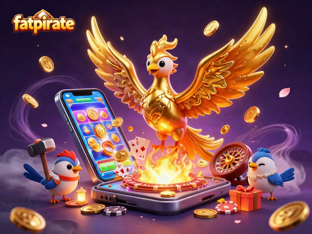 Experience fatpirate's thrilling casino adventures with a magical phoenix and vibrant game elements.