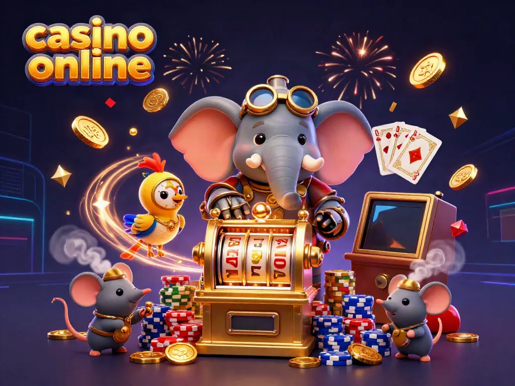 Experience the excitement of casino online gaming with this vibrant illustration featuring a steampunk elephant, slot machines, and winning elements.