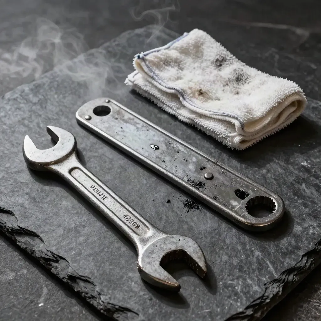 Rail wrench, joiner plate and oily rag on dark stone with steam