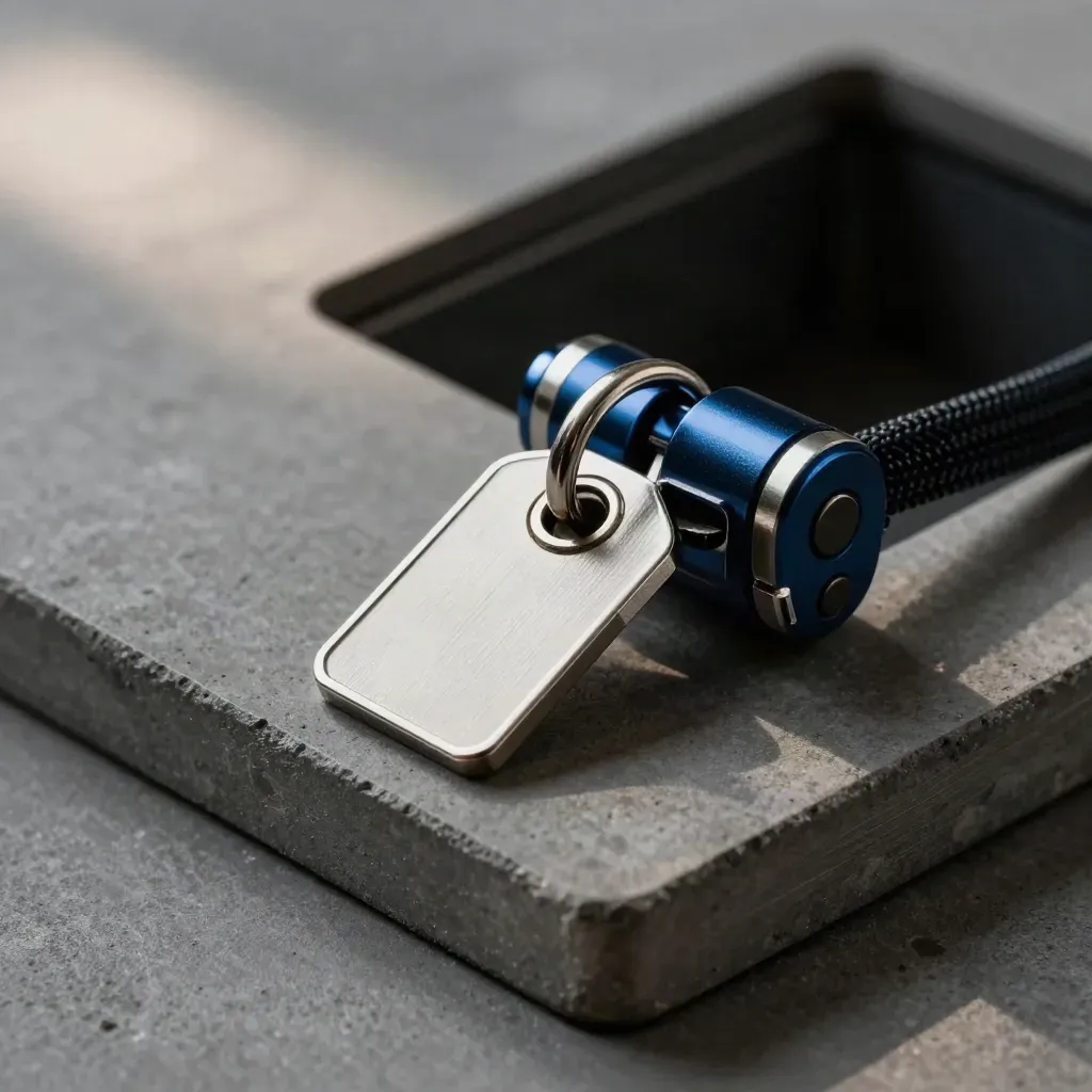Brushed lock core, metal key tags and cable seals arranged diagonally on graphite concrete.