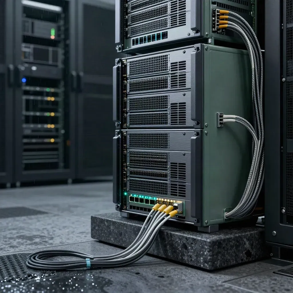 Rackmount server hardware on a dark stone plinth with dramatic cyan rim light.