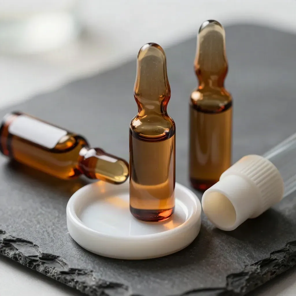Amber lab vials, ceramic dish and ribbed stopper on graphite stone, overhead macro still life.