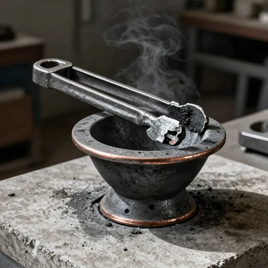 Foundry crucible, iron tongs and cooling casting sprue on pale concrete in smoky light