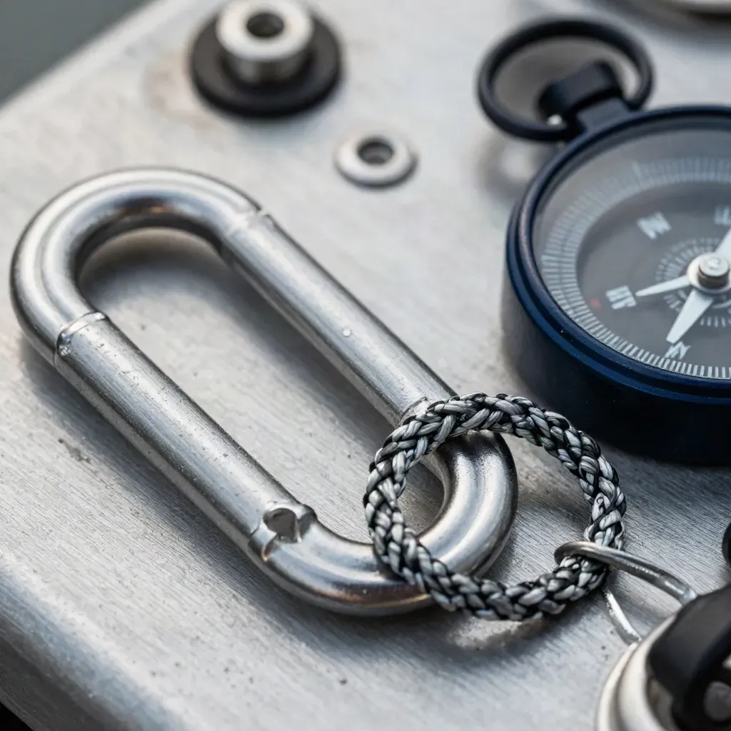 Macro marine rigging kit with carabiner, braided cable and compass housing on pewter metal.