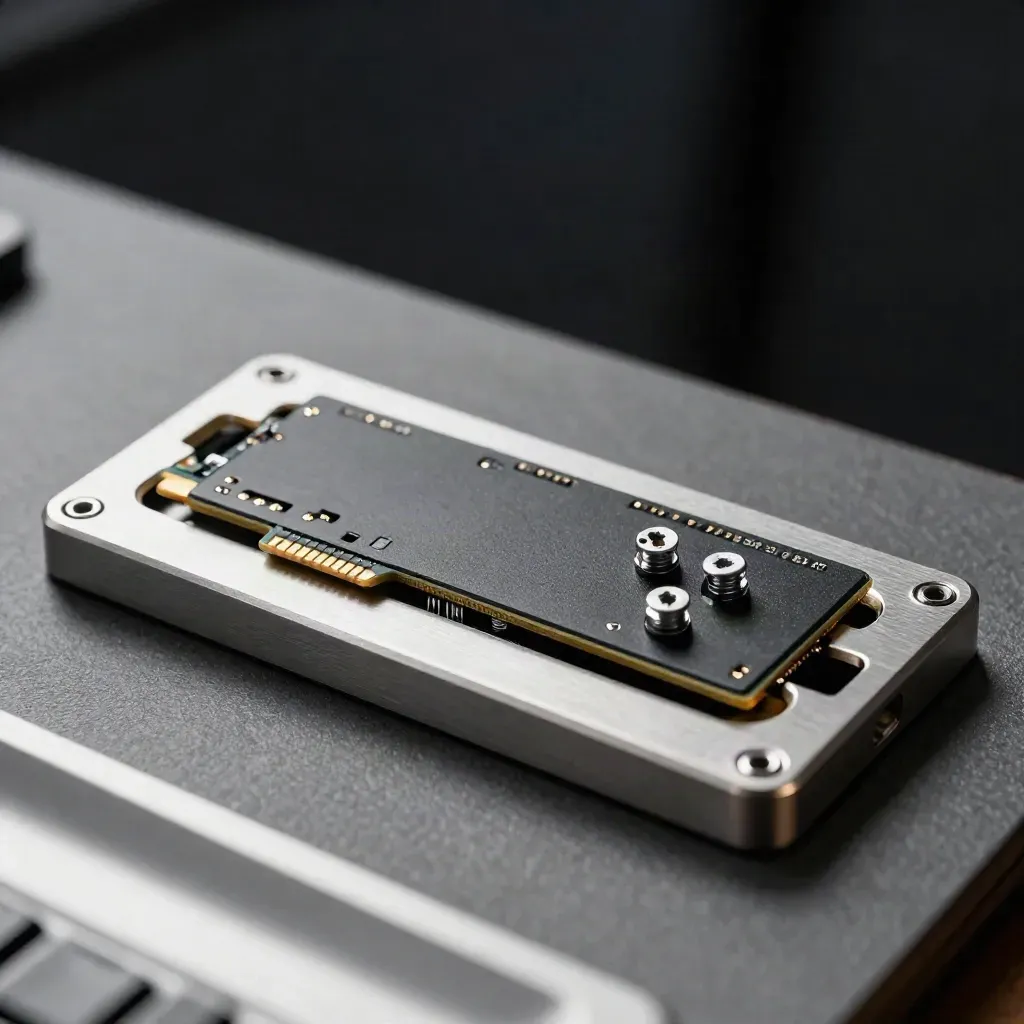 Macro NVMe SSD seated in an anodised tray with two screws on a graphite surface.