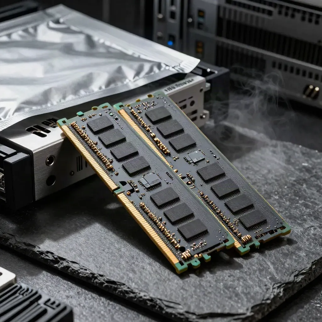 Server RAM sticks beside a heatsink and anti-static pouch on a stone slab