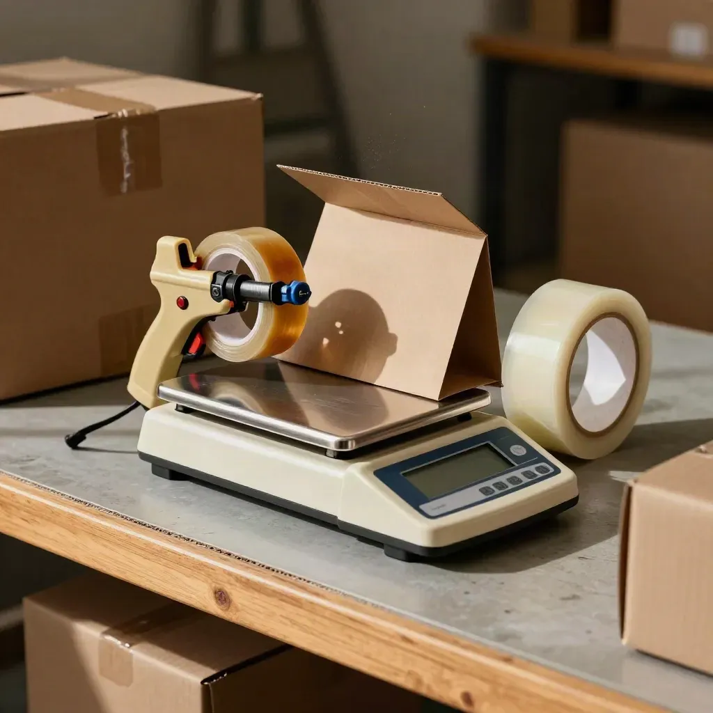 Packing scale, tape gun, kraft mailer and clear tape roll in a dramatic shipping still life