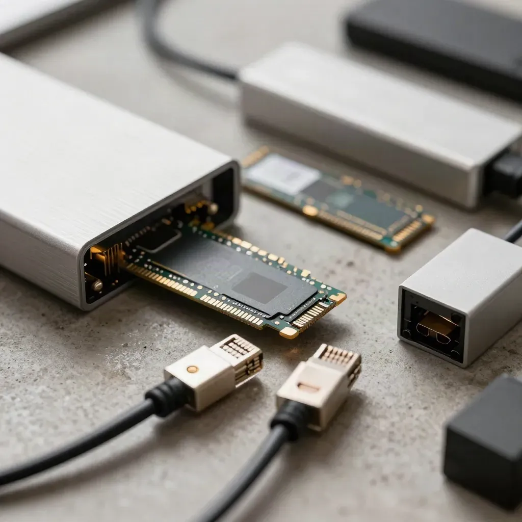 Macro of deployment gear: NVMe enclosure, SSDs, Ethernet leads and adapter block on a workbench.