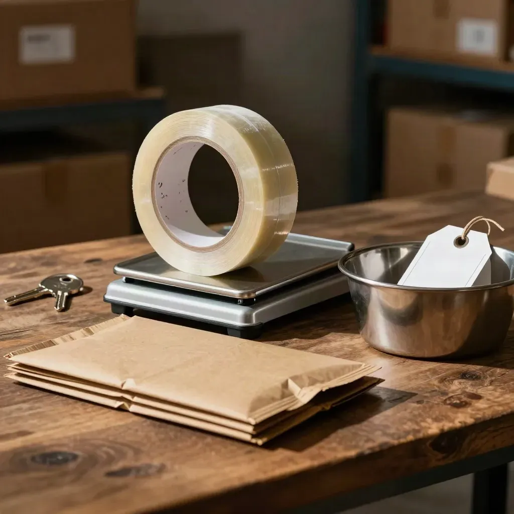 Packing station still life with mailers, tape, scale, and tags in dramatic light.