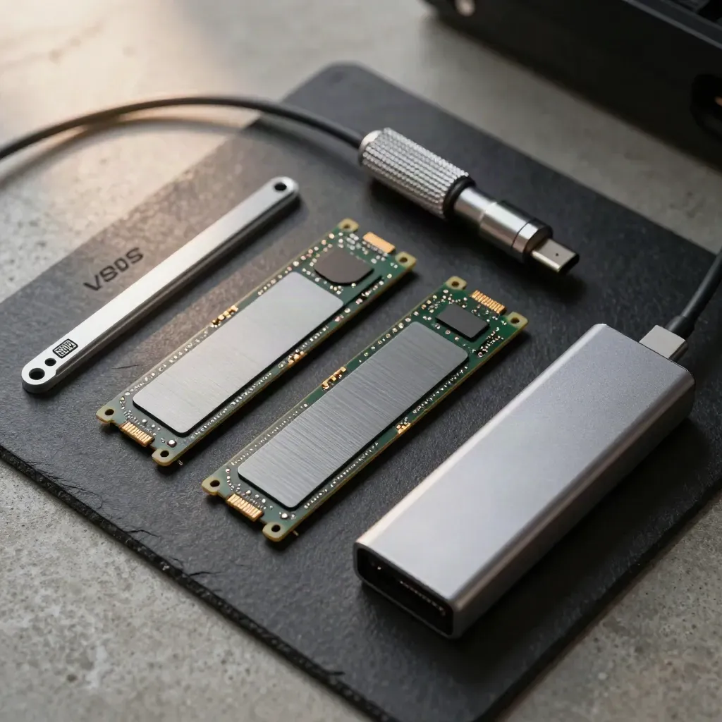 Top-down flat lay of SSDs, a hex driver, server rails and a USB-C hub on a dark mat.