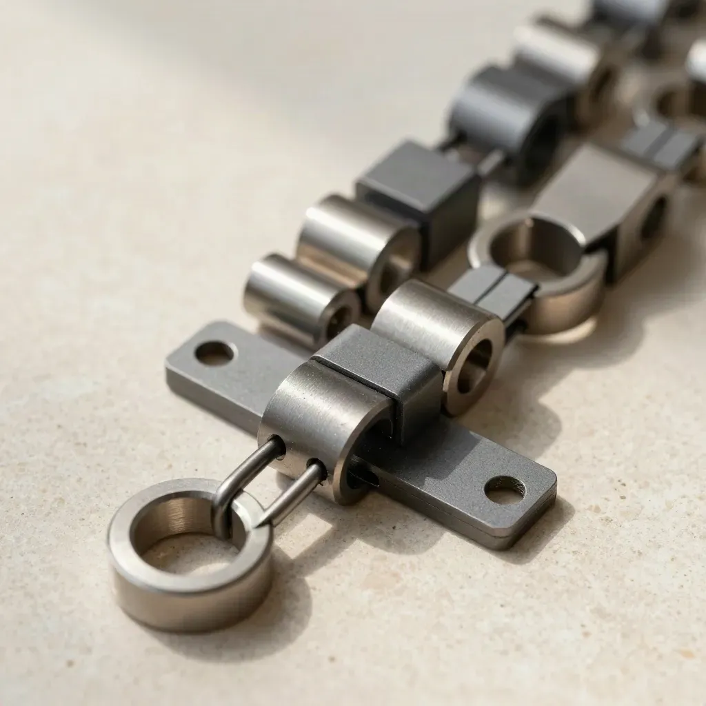 Top-down macro of linked metal rings and connector blocks on a matte stone surface.