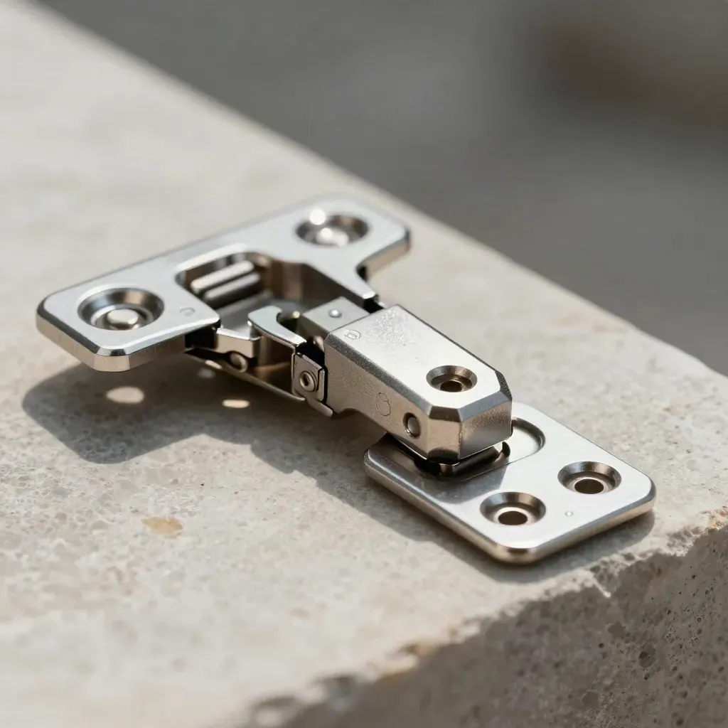 Machined hinge parts and a hex coupler on pale brushed stone, lit dramatically in soft haze.