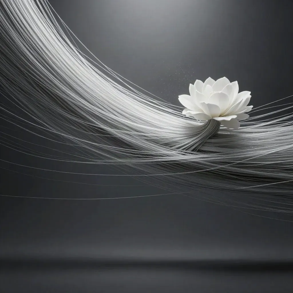 Silver light filaments converge into a soft white bloom in dark graphite haze.
