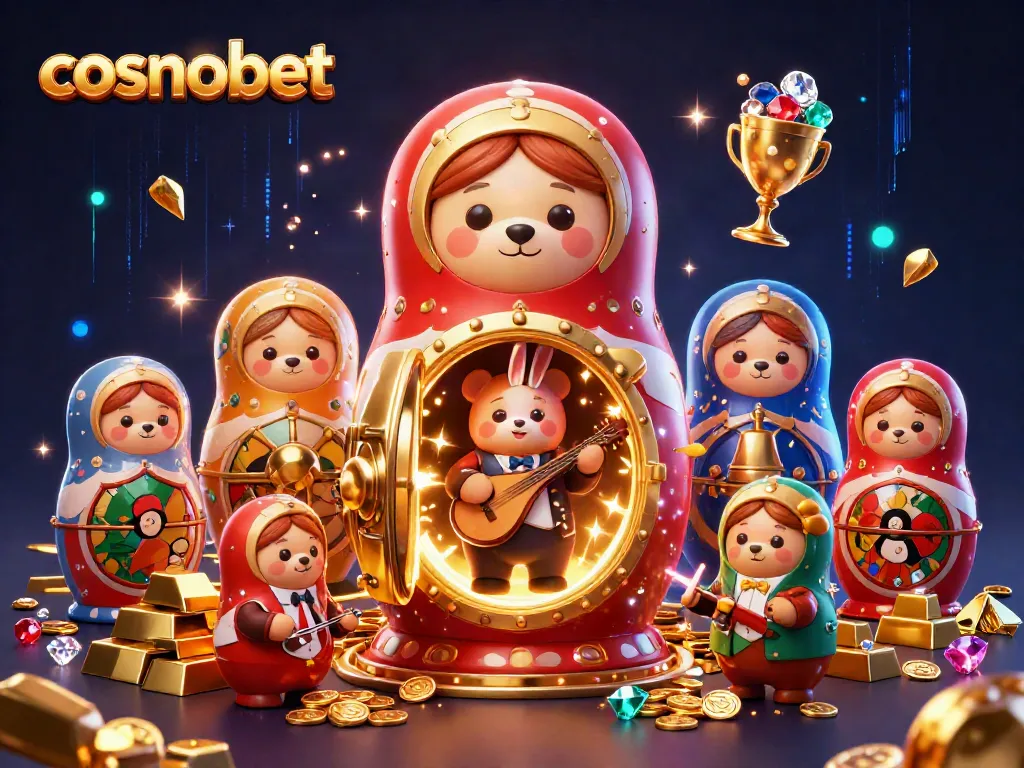 Experience the vibrant world of cosmobet with cartoon bears and casino treasures in this 3D illustration.