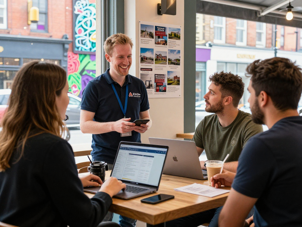 A property manager discussing airbnb management manchester with landlords at a stylish café in the Northern Quarter, showcasing vibrant rental opportunities.