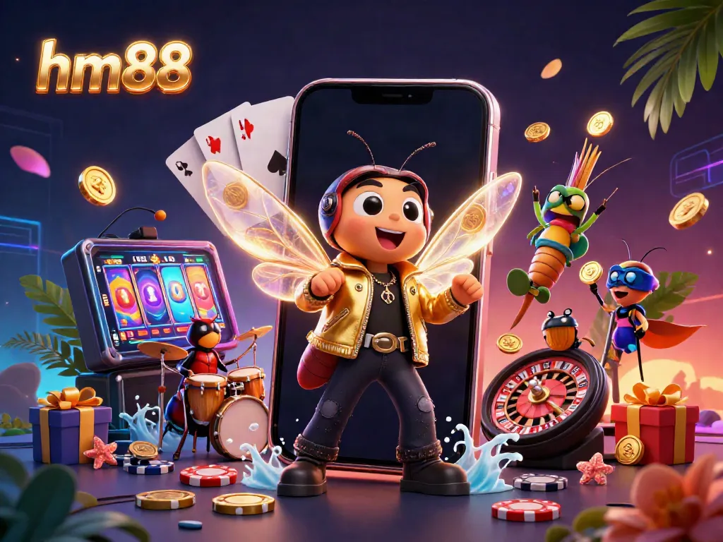 Experience the excitement of hm88 with vibrant slot games, characters celebrating in a dynamic casino scene.