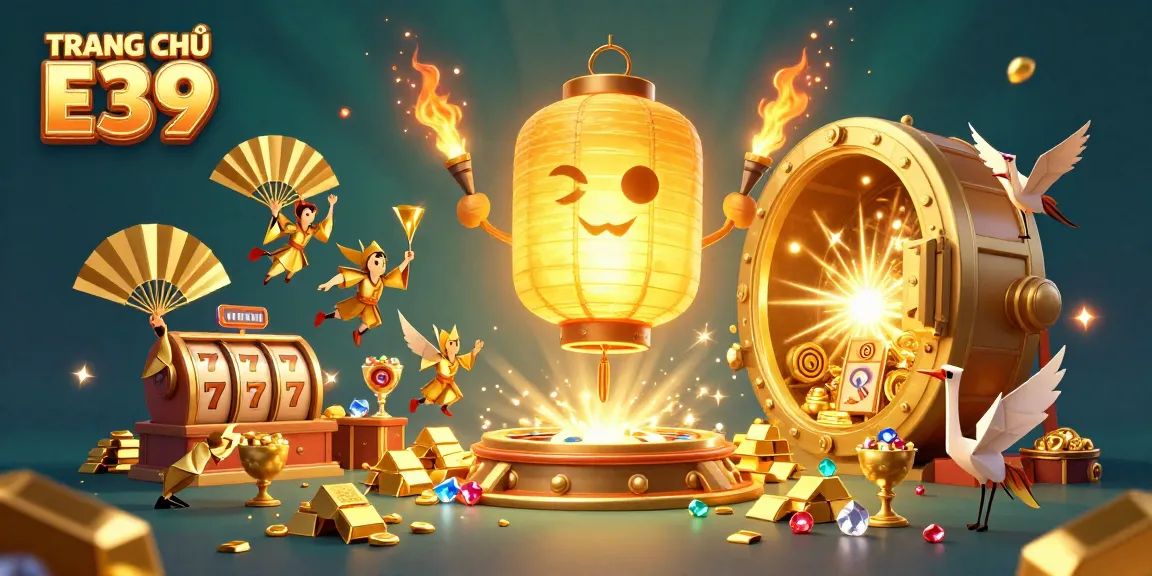 Engage with TRANG CHỦ E39 in this vibrant casino scene showcasing exciting slot reels, golden treasures, and dynamic characters.
