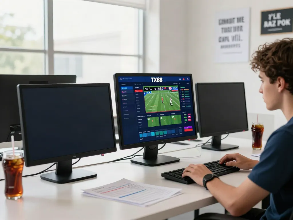 TX88 online betting platform on a laptop in a bright workspace with live sports stats and notes.