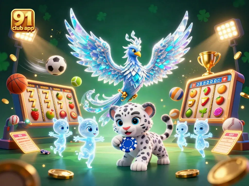 Engage with the thrilling 91 club app showcasing an ice phoenix and gaming elements in a vibrant scene.