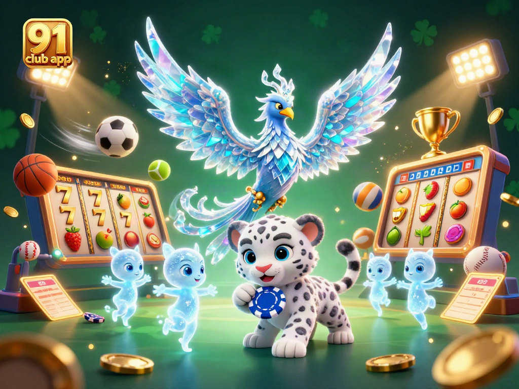 Engage with the thrilling 91 club app showcasing an ice phoenix and gaming elements in a vibrant scene.