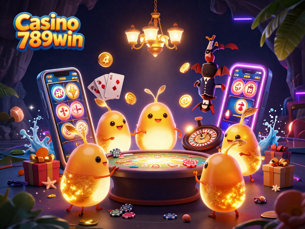 Engage in Casino 789win excitement with a vibrant scene of glowing characters and dynamic casino elements.
